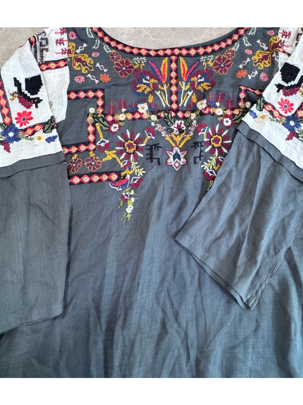 Sana Safinaz Embroidered Tunic | Grey Floral Kurti Top Size Small